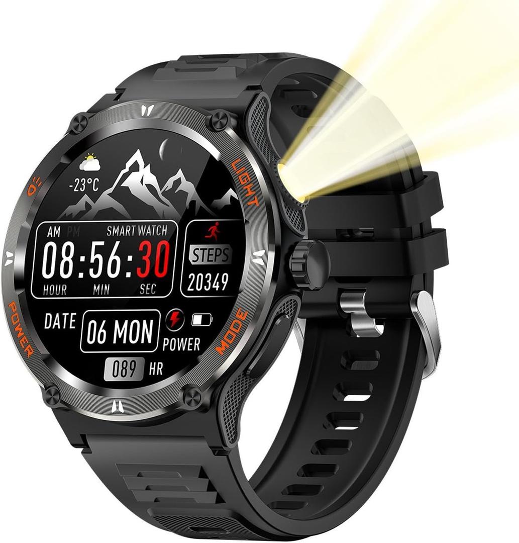 Denash Smart Watch with 1.53 Inch Touchscreen, Call Fitness Tracker Watch with Compass, LED Light for Outdoor Sports, and Full Screen Touch, 360x360 Resolution (Black)