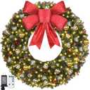 Christmas Wreath - 48inch Large Prelit Outdoor Christmas Wreath with Lights 200led, Bow, Pine Cones, Ornaments Balls - 512 PVC Branch Tips Artificial Xmas Wreath for Garages Walls Mantel