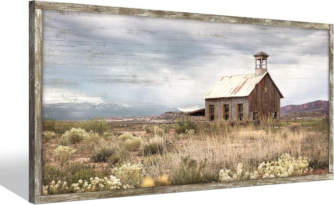 Farmhouse Wood Wall Art Picture: Framed Old Barn Print Decor Large Rustic Farm Landscape Country Artwork Panoramic Horizontal Nature Scene Rural Countryside Painting for Living Room Bedroom, 48"L x 24"W