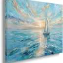 Blue And White Sailboat Nautical Ocean Picture Wall Decor Framed Nature Sunset Abstract Canvas Wall Art Contemporary Cool Prints Poster Sea Scene Painting for Living Room Bedroom Bathroom (16"x24")