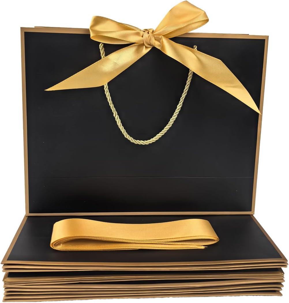 TKSBAG 12PCS Gift Bags Medium Size with Handles, 12.5 x 9.8 x 4.3 In Black Gold Thank You Bags with Bow Ribbon for Wedding, Birthday, bridesmaid, Groomsmen, Party Favors, Valentine