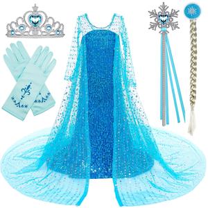 Foierp Elsa Dress Up for Girls Princess Ice Queen Costume with Accessories Set for Kids Fancy Dress for Birthday Halloween Wedding
, Braid 110