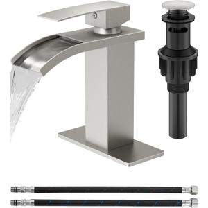 Brushed Nickel Waterfall Bathroom Faucet 1-Handle Vanity Faucet
Stainless Steel Modern Bathroom Sink Faucet,Pop-Up Drain, Supply Lines 6-in Deck Plate, 1- or 3-Hole, NSF Certified
