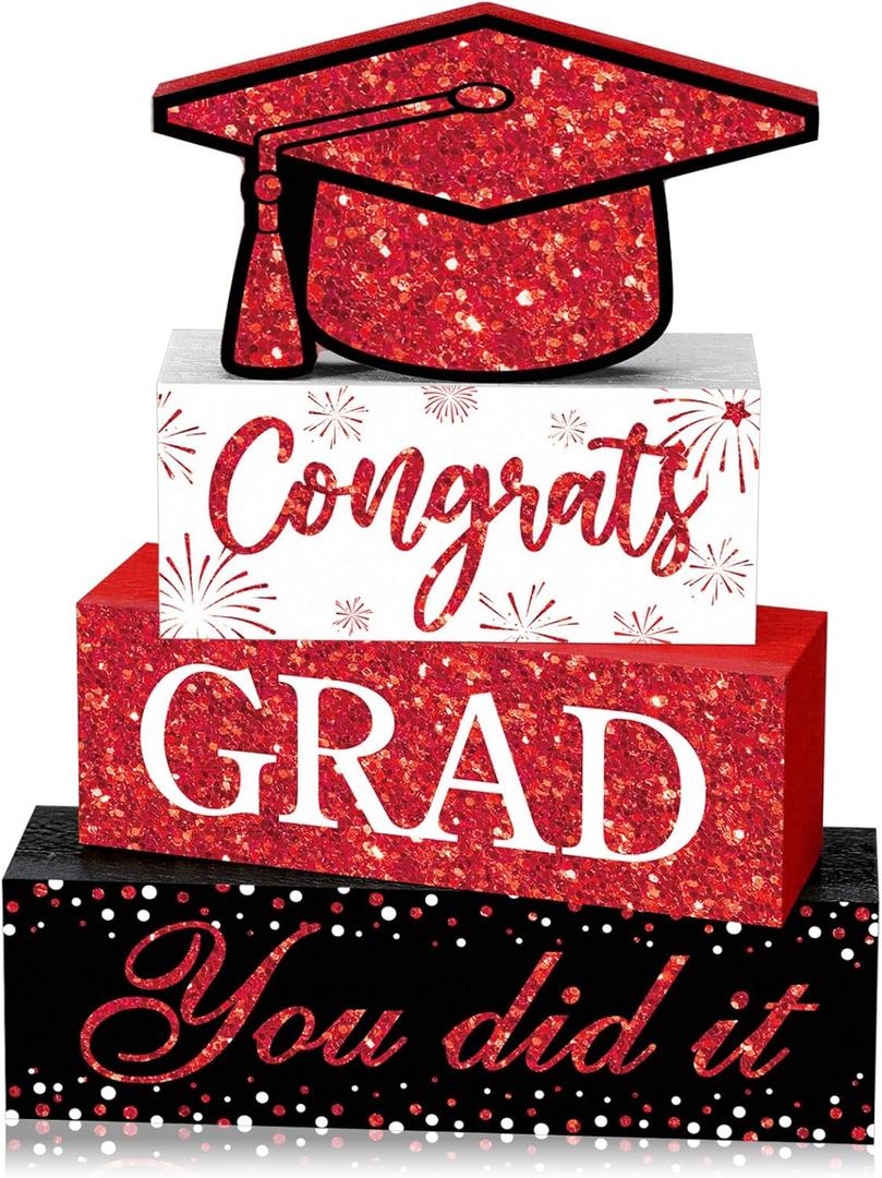 Cinnvoice 4 Pcs Graduation Table Decor 2026 Congrats Grad Centerpiece Class of 2026 Wood Sign Graduation Tiered Tray Decor Farmhouse Congratulate Gifts for Home Shelf Party Decorations(Red Black)