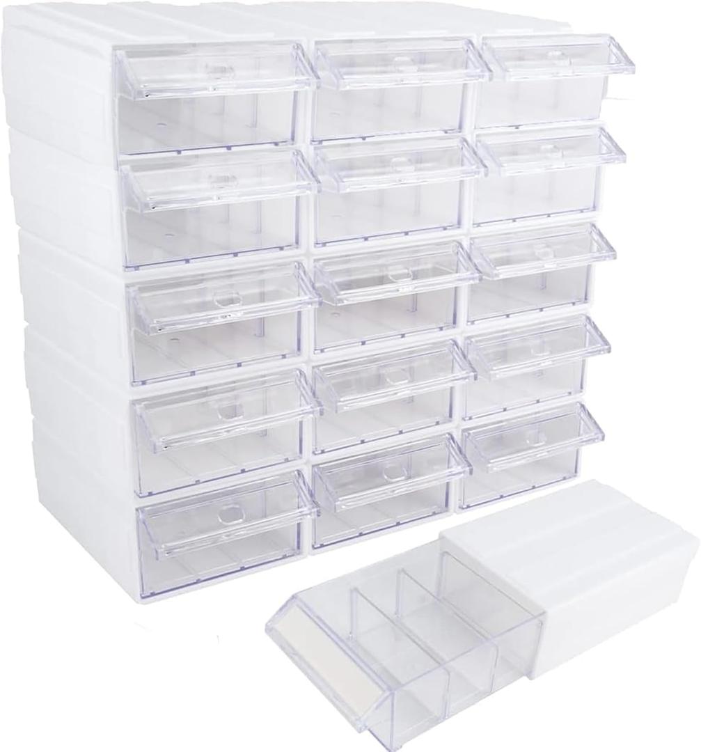 15 Pcs Plastic stackable storage drawers,Small parts storage organizer, Drawers Storage Closet&45 Pcs Clear Dividers&45 Tag Cards,Multifunctional Rack For Small Items (15-White)