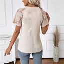 Ribbed Short Sleeve Tops For Women Lace Patchwork Crew Neck Shirts Dressy Casual Work Blouses Summer Fshion Tunics (Teal)