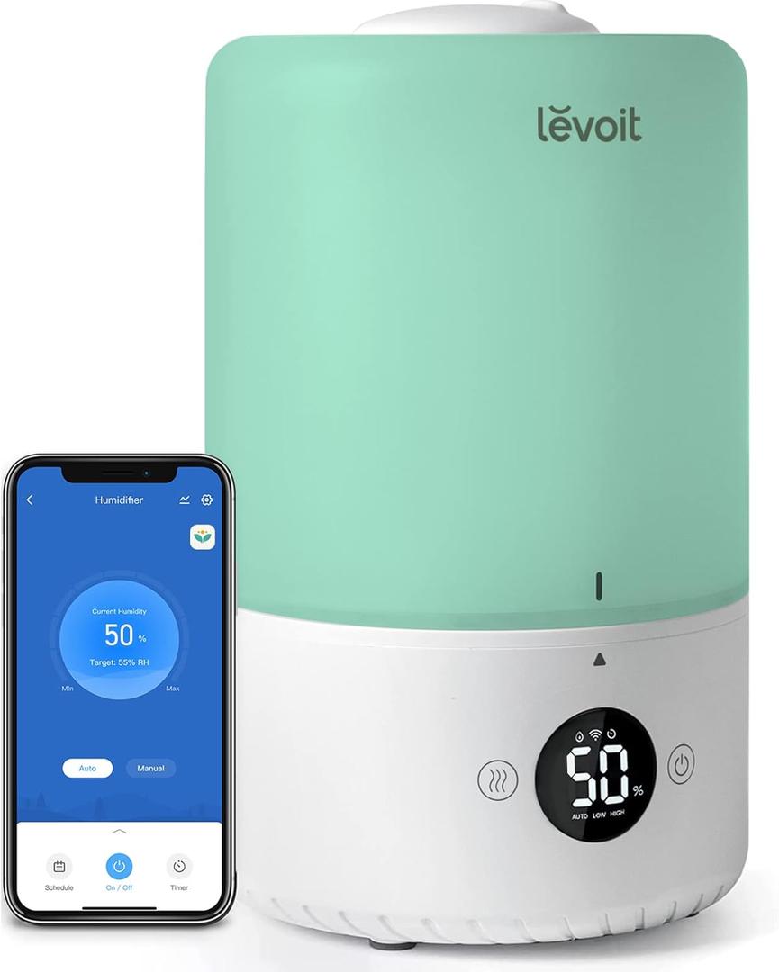 LEVOIT Smart Cool Mist Top Fill Humidifiers for Bedroom with Sensor, Auto Humidity Setting , APP & Voice Control, Essential Oil Diffuser, Ultra Quiet Operation, Super Easy to Use and Clean, 3L, Green