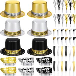 Shappy 48 Pcs New Year's Eve Party Supplies for 12 Guests 2026 Party Supplies Top Hat Headbands Tiara Fringed Noise Makers(Black Gold Silver)