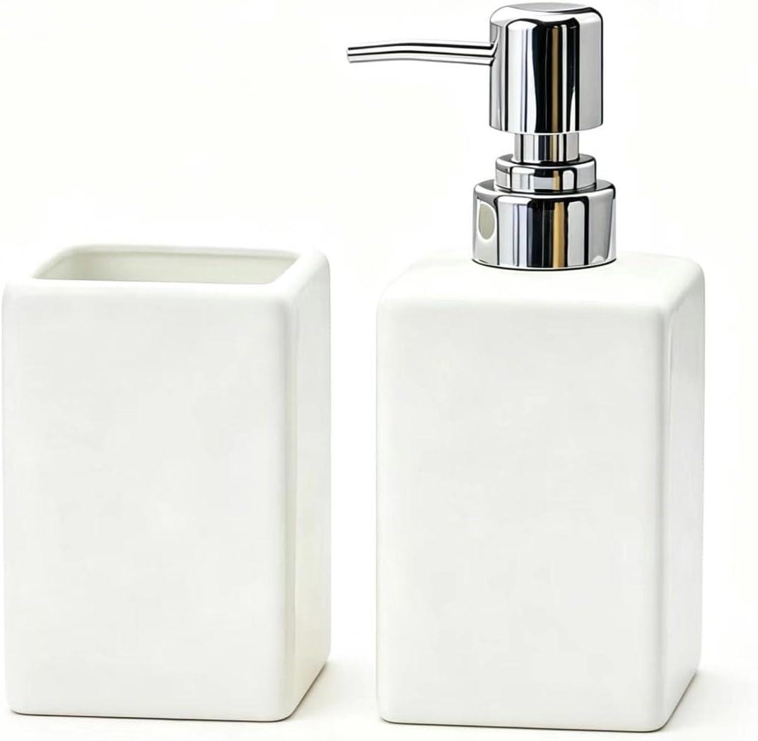 White Bathroom Accessories Set 2Pcs,Ceramic Soap Dispenser and Toothbrush Holder,Modern Decor Square Countertop Bath Set with Toothbrush Cup for Free Tray