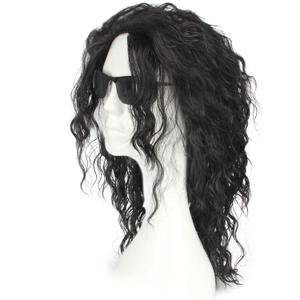 Black Mens Wig 70s 80s Costume Wig Long Curly Mullet Hair Metal Rocker Punk Halloween Party Heat Resistant Wig for Men and Women