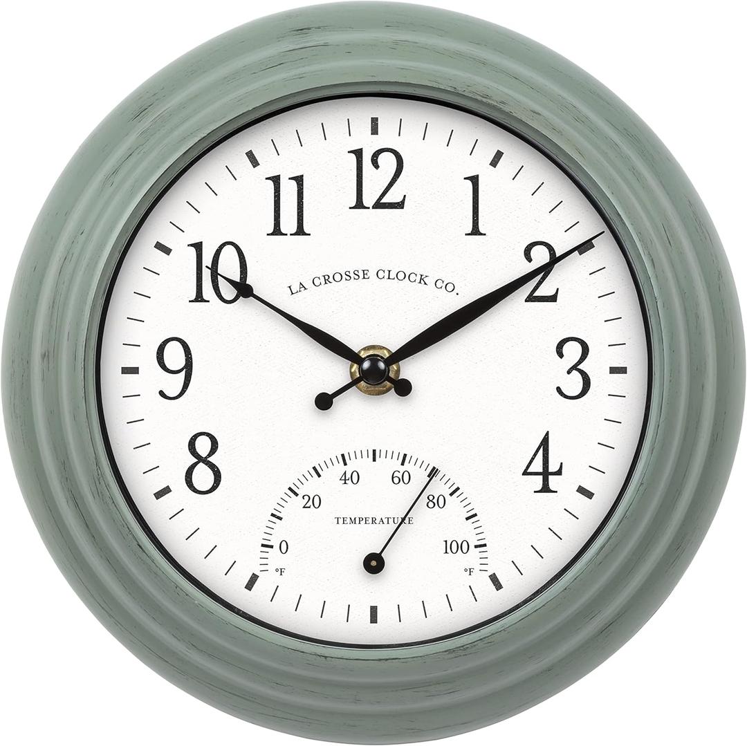 La Crosse Clock 433-3020 8-inch Indoor/Outdoor Sage Green Quartz Wall Clock with Temperature (Small)