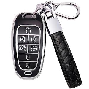 Kespevn for Hyundai Key Fob Cover 7 Button with Leather Keychain Soft TPU 360 Degree Protection Car Key Case Shell Holder Fits for 2023 2022 2021 2020 Hyundai Sonata Santa fe Tucson, Black