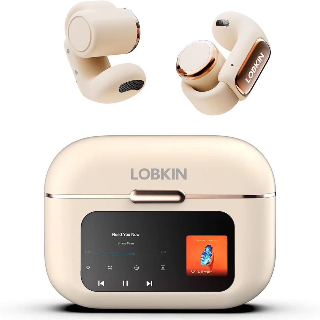 LOBKIN Open Ear Earbuds, Clip On Headphones Wireless Bluetooth 5.4 Adaptive Comfortable Clip On Ear Buds with Mic,4GB Storage Lightweight IPX5 Waterproof LED Touchscreen Display Fit Sports Workout