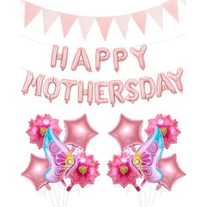 Happy Mother's Day Balloon Set Decoration, Pink Mothers Day Decorations Banner Include Letter, Butterfly, Flower Balloons for Party Women