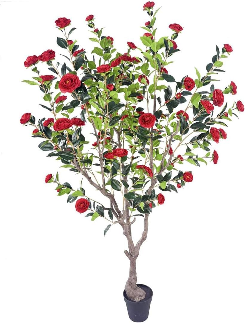 7ft Artificial Camellia Tree | Red Flowers & Green Leaves | Indoor Outdoor Decor, No Maintenance (1 Pack - Red)