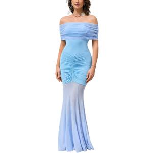 HTZMO Women Sexy Off Shoulder Bodycon Maxi Dress Strapless Ruched Wedding Guest Formal Party Long Dresses (Medium, Blue)