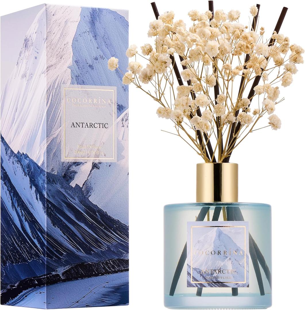 COCORRNA Reed Diffuser - Antarctic 6.7 Fl.oz Reed Diffuser Set with 8 Sticks & Preserved Baby's Breath, Reed Diffuser for Home Bathroom Shelf Decor