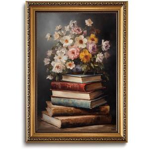 XJYISUO Vintage Gold Framed Wall Art Moody Floral Canvas Wall Art Dark Academia Cottage Room Decor Classic Still Life Books Art Prints for Bedroom Living Room Study, 24"L x 16"W