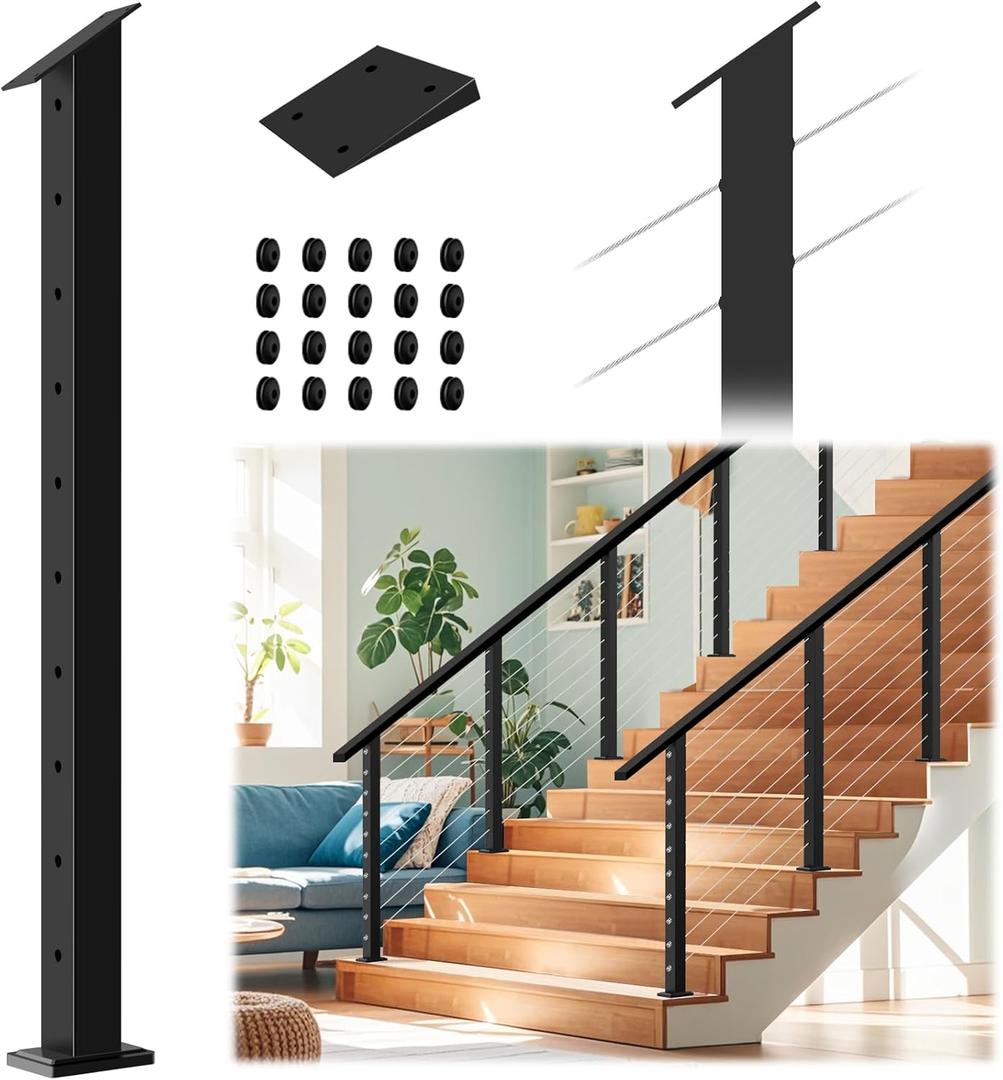 Stair Cable Railing Post 36"x2"x2", Slant Fixed Top Stainless Steel Black Stair Rail Post with Cable Grommets, 33 Drilled Stair Deck Post with 5-Degree Spacers Fit for 28-38 Degrees Stairway