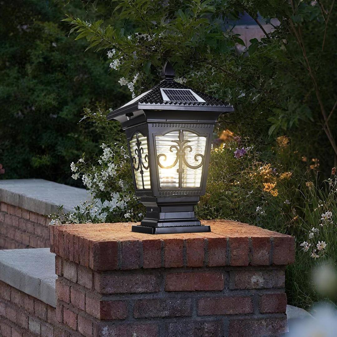 LED Solar Post Cap Lamp, IP65 Waterproof Post Light Outdoor Remote Control Dimmable Pillar Lights Aluminum Outdoor Column Light, 17.3" X 9.8" Pillar Pedestal Lantern for Garden Fence