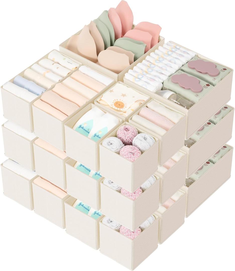Criusia Drawer Organizer 18-Piece Set, Dresser Organizer for Baby Clothes, Foldable Closet Storage & Drawer Dividers for Underwear, Socks, Nursery (Beige)