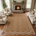 GarveeHome 6x9 Scalloped Area Rug Brown Washable Rugs for Living Room Bedroom, Soft Low Pile Non Slip Accent Floor Mat Solid Floral Print Throw Rug Farmhouse Indoor Carpet for Dorm Playroom