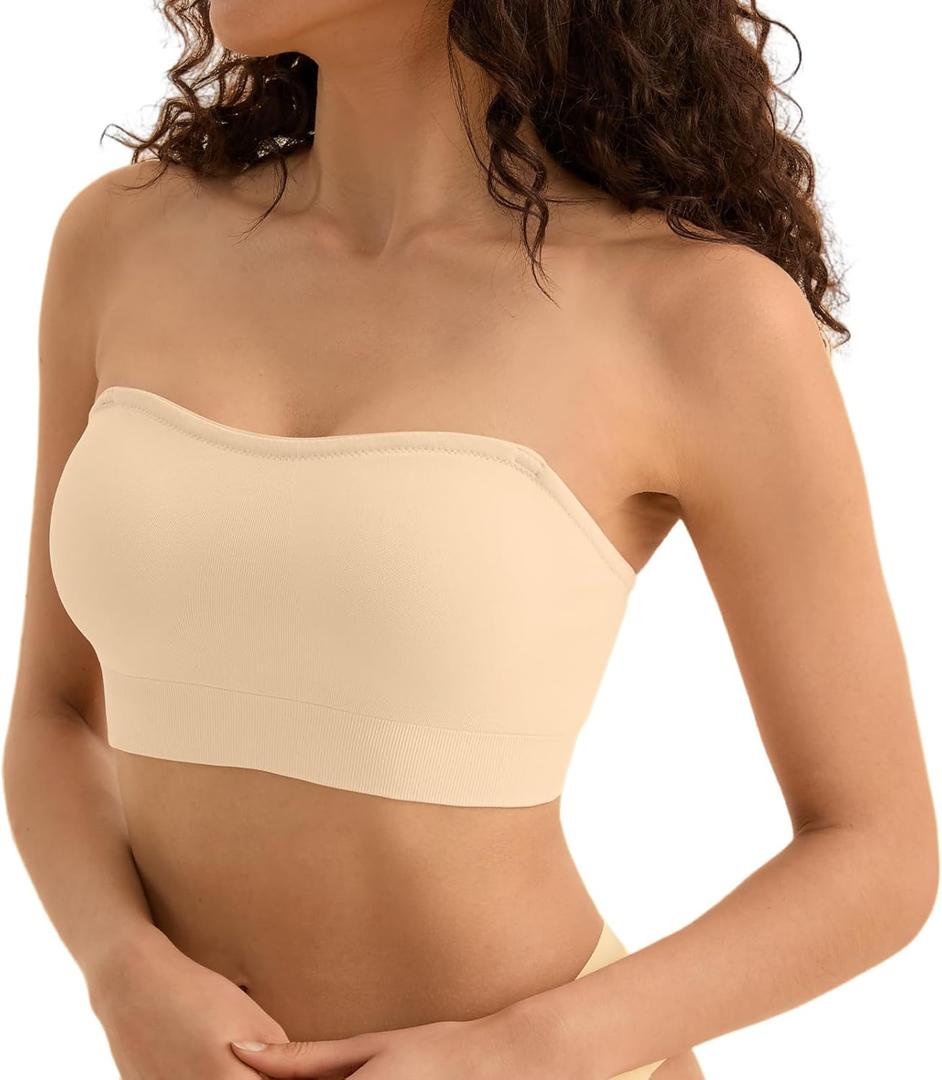 Strapless Bras for Women, S-XL, Non-Slip Silicone Padded Bandeau Bra with Free Clear Strap, Wireless Tube Top Bralette