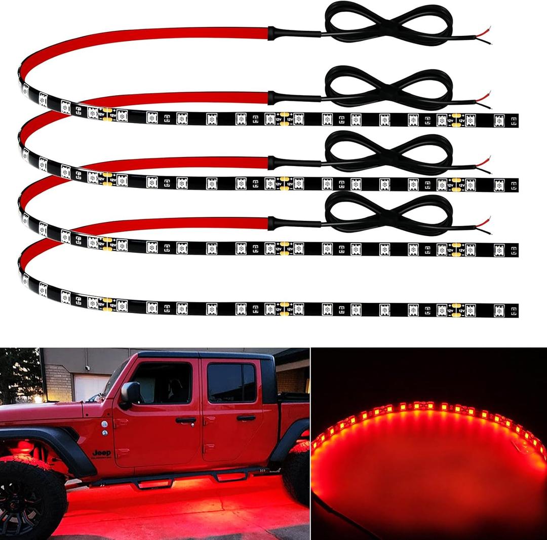 12V Led Light Strip 18" Connectable Red LEDs Strip Lights for Car Motorcycle Golf Cart Automotive Trucks Boat Marine Waterproof Led Light Strip, 4Pack