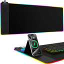 Mouse Pad with Phone Holder, Wireless Charging Desk Mat, RGB Gaming Mousepad Home Office Large Desk Pad with Ultra-Smooth Surface, Non-Slip Base, Waterproof Keyboard Pad, Classic Black Desk Mat