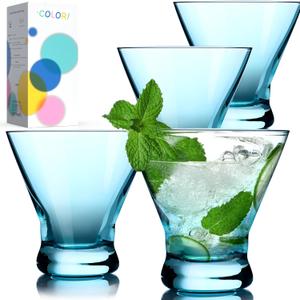 NUTRIUPS 8oz Colorful Stemless Martini Glasses Set of 4, Green Cocktail Cups, Bar Glassware for Home Party, Wedding & Daily Use (Turquoise Green)