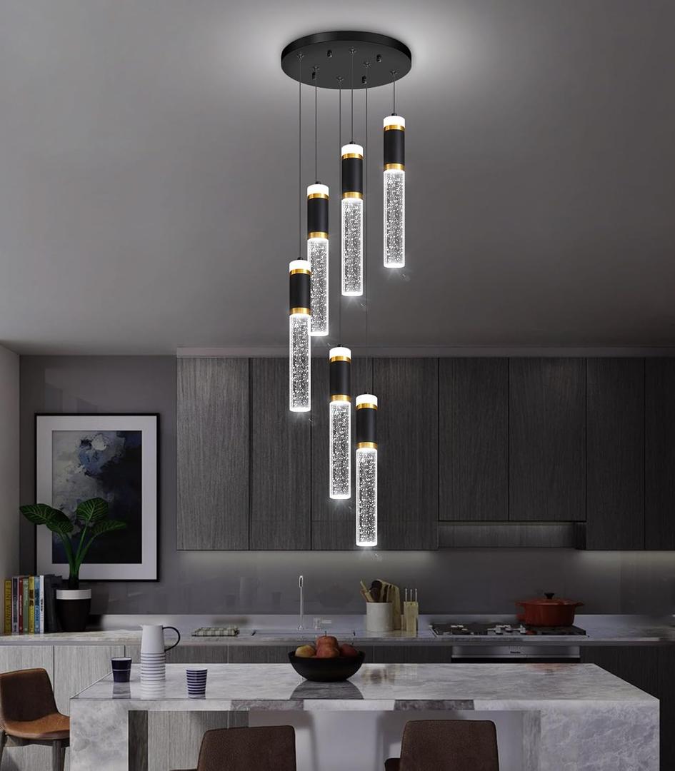 6-Lights Modern Crystal Spiral Chandelier for Staircase High Ceiling Chandeliers Bubble Pendant Lighting Hanging Light Fixture Flush Mount for Living Room Foyer Entryway