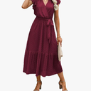 Pretty Garden  Women Summer Bohemian Floral Casual Wrap V Neck Ruffle Cap Sleeveless Belt A-Line Pleated Hem Midi Sun Dress Red XXL