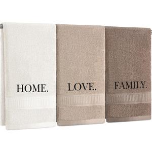 FuWeave 3 Pcs Farmhouse Decorative Hand Towels for Bathroom and Kitchen Rustic Embroidered Cotton Hand Towels Decorative Set for Boho Bathroom Decor(Brown,Home,Love,Family)