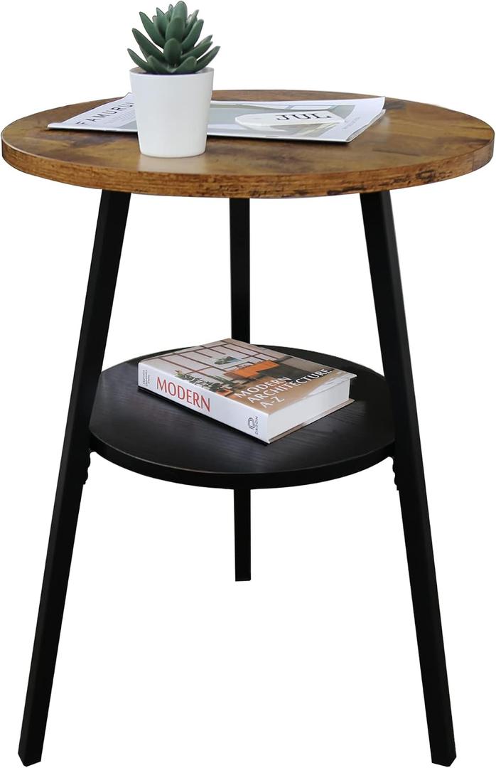 End Table, 2 Tier Round Side Table with Metal Frame, Industrial Nightstand Bedside Coffee Accent Table for Living Room Bedroom Small Space, Rustic Brown 15.4" D x 21.6" H, 16D x 16W x 22H in