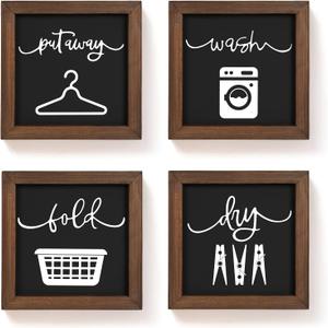 Laundry Room Decor for Wall Farmhouse Signs Set of 4 Wash Dry Fold Put Away Rustic Decor for Laundry Room Shelf Laundry Wall Decor with Wood Frame Decorative Room Sign 8''x 8'' (Black & Brown)