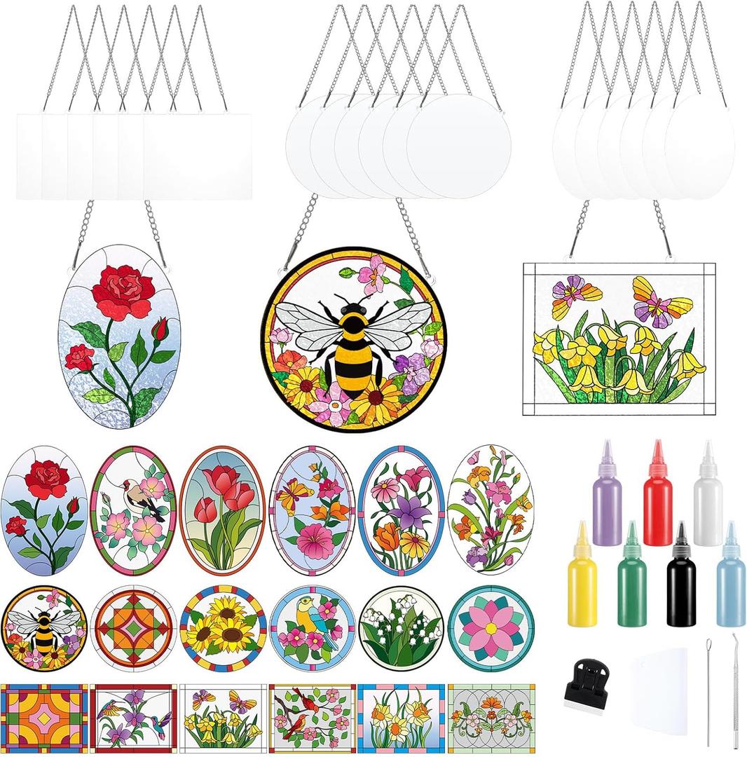 Humyoun 65 Pcs Stained Glass Painting Starter Kit for Adults DIY Window Paint Art Crafts Including 7 Colors 18 Suncatchers 18 Patterns 18 Chains and 4 Tool for Home Activities DIY Project Party