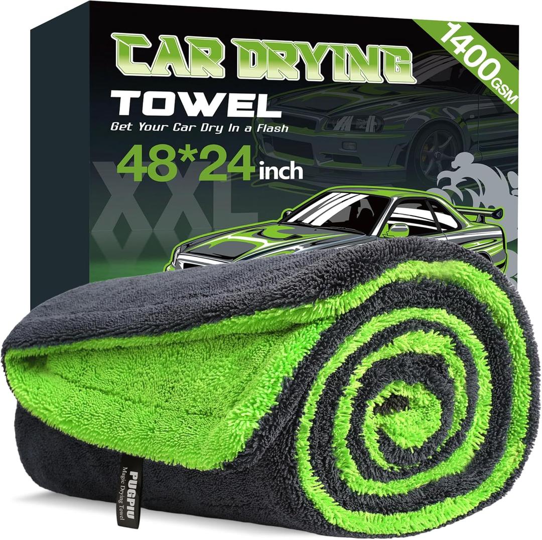 PUGPIU Microfiber Car Drying Towel Extra Large Super Absorbent 48"X24", 1400 GSM Flash Detail Car Wash Drying Towel Edgeless with Two Sided Soft Twisted-Loop, No Water Spots Streaks for Cars (Green)