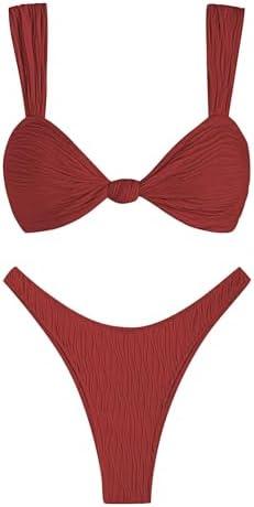 ZAFUL 2025 Cheeky Bikini Sets for Women High Cut Swimsuit Textured Ribbed Bikini Thong Bathing Suit, M Red