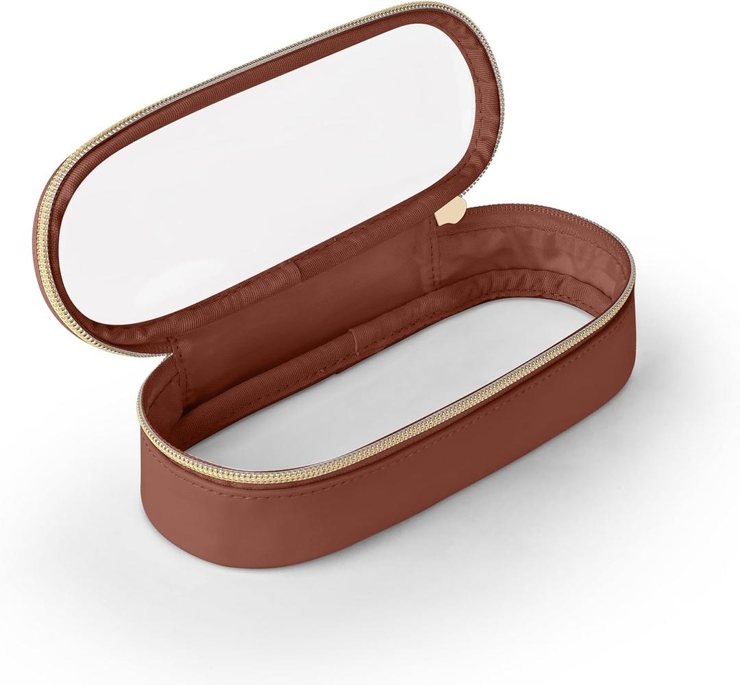 Soimeat Clear Travel Makeup Brush Holder, Leather Makeup Brush Toiletry Bag, Portable Cosmetic Brush Case, Transparent Waterproof Makeup Brush Storage Bag, Brown (Small)