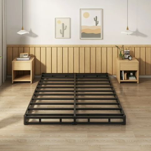 4 inch Full Box Spring Bed Base, 3000 lbs Heavy Duty Metal Mattress Foundation with Fabric Cover, Easy Assembly, Black