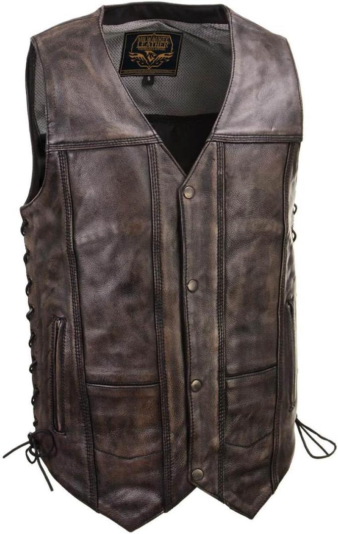 Milwaukee Leather Men's Wreck Distressed Brown Leather Motorcycle Vest - LKM3795-3X-Large