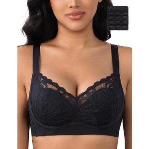 Wireless Minimizer Bras for Women Plus Size Lace Bralettes | No Underwire, Lightly Padded, Petal Pad, V Neck, Comfort Everyday Wear, Wirefree Supportive Bras for Large Bust, Size 36C-46G (Black)