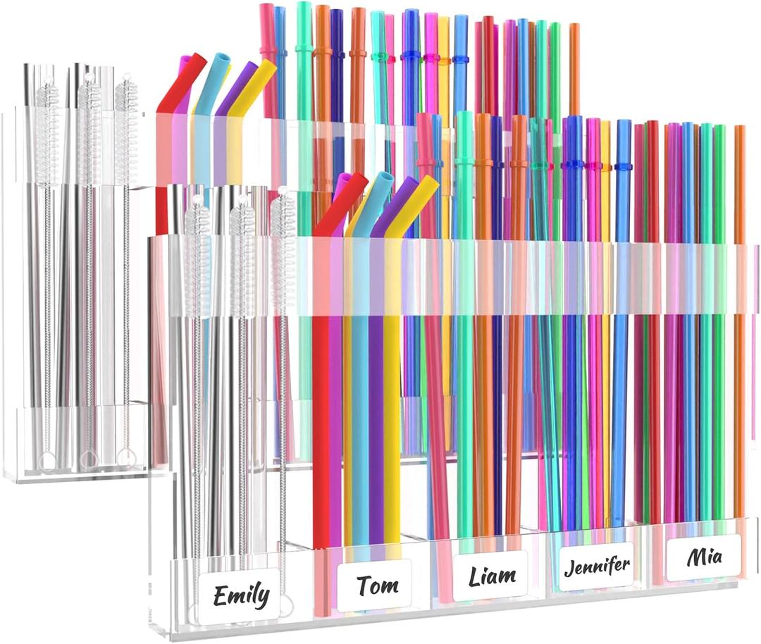 2 Pack 9.6 Large Acrylic Straw Holder for Cabinet Door with Detachable Ultra Sticky Adhesive Squares and Stickers, 2026 Reusable Straws Organizer Storage Dispenser for Kitchen Counter Cupboard (Transparent)