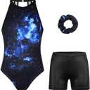 Gymnastics Leotards for Girls With Shorts Sparkly Ballet Dance Clasp Back Activewear (10-11 Years, Black Planisphere Set)