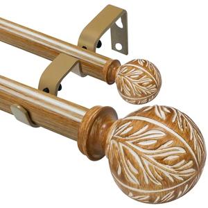 Wood Double Curtain Rods for Windows 28 to 48 inches:Farmhouse Decorative Metal Double Curtain Rod for Bedroom Living Room,Heavy-Duty Adjustable Rustic Drapery Rods with Imitation Wood Grain Finials