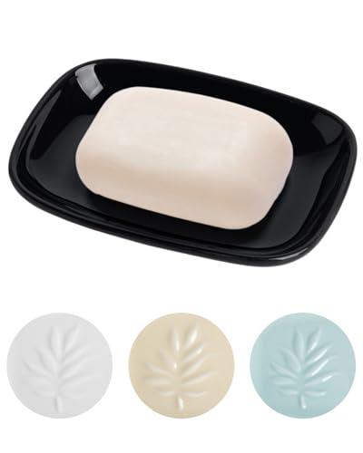KITCHENLESTAR Ceramic Soap Dish for Bathroom and Kitchen, Non-Slip Bar Soap Holder with Fast Drain Design, Soap Saver Tray for Sink, Black