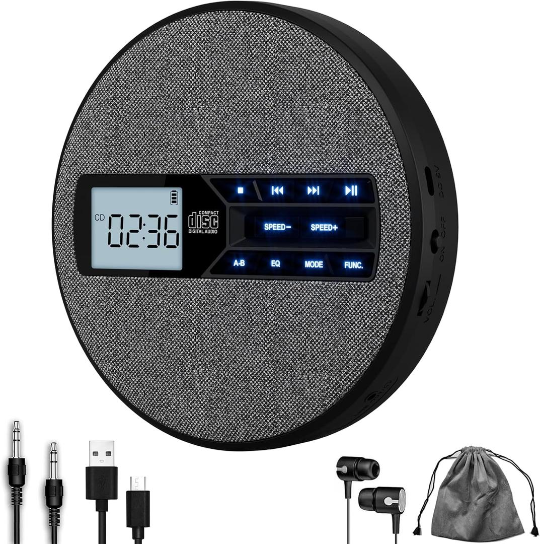 CD Player Portable, Rechargeable Portable CD Player with Dual Speakers and Anti Skip,CD,USB,AUX,LCD Display,Backlit Button,5 EQ,A-B Repeat,10 Speeds for Home Car Fabric Black