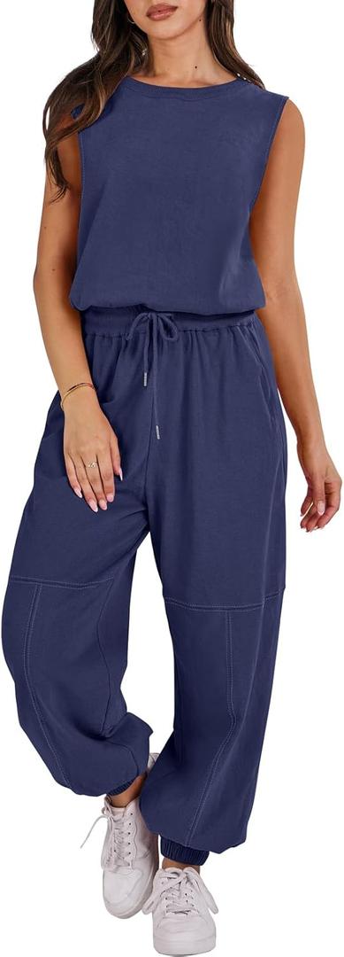 ANRABESS Jumpsuits for Women Casual Summer Sleeveless 2025 Romper One Piece Outfit Active Workout Lounge Jumpsuits Pockets (Large, Navy Blue)