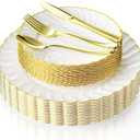 Lzerking 125 Pcs Ivory Scalloped Disposable Plates with Gold Rim, Elegent Plastic Dinnerware Set - 50 Plastic Plates, 75 Gold Silverware, Disposable Plates for Wedding Baby Shower Holiday Party