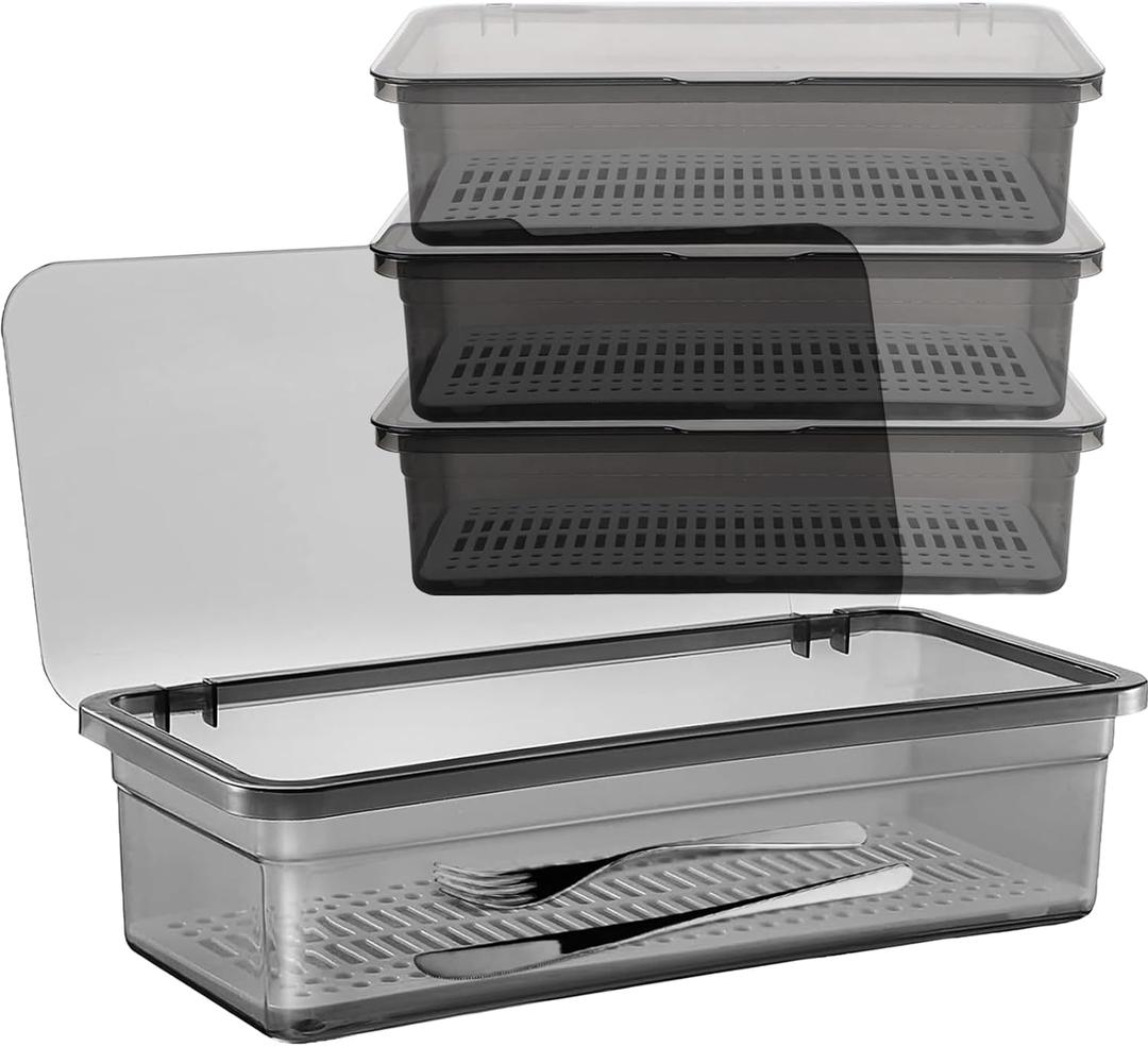 SUNSHNO 4PCS Flatware Tray with Lid and Drainer, Tableware Utensil and Cutlery Drawer Organizer with Lid Covered Silverware Tray to Keeps Your Cutlery Organized and Protected